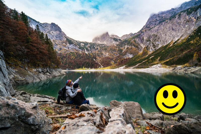 hiking couple enjoy mountain lake